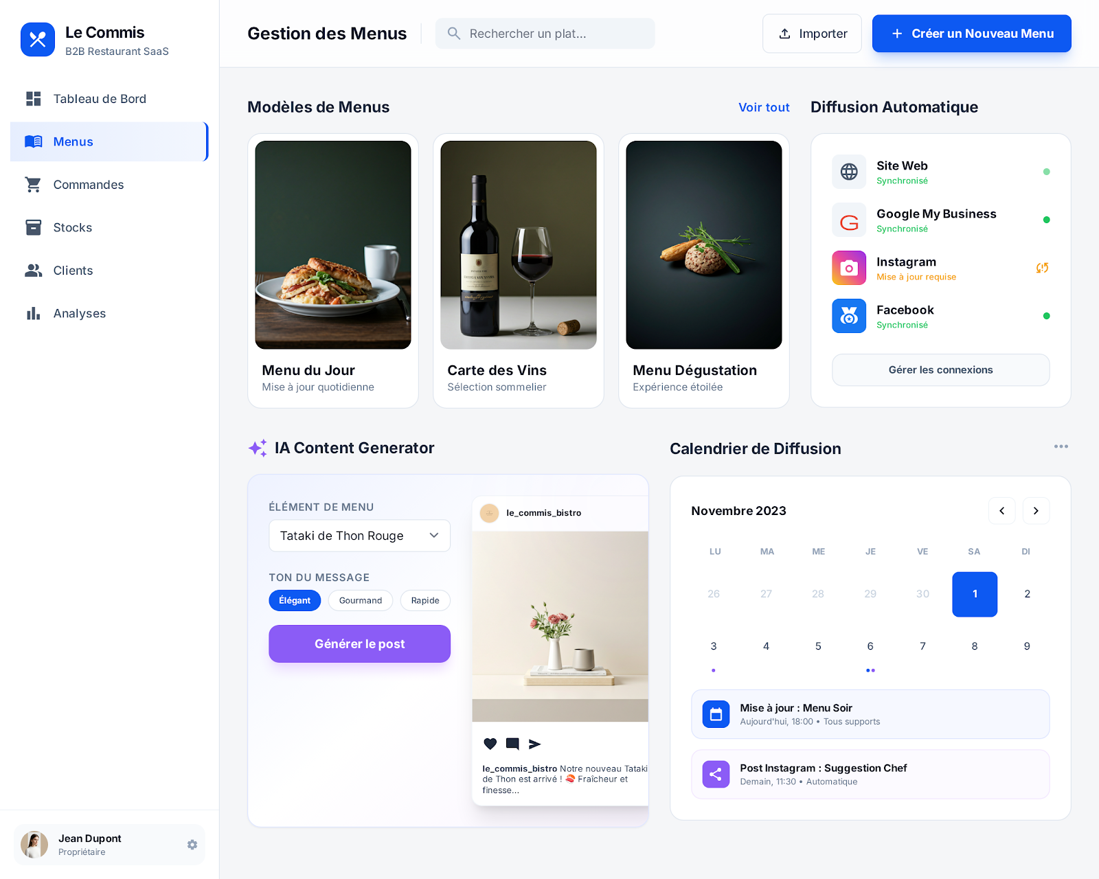 Gestion des menus